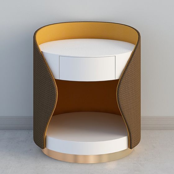 Modern round side table with white drawer and brown textured leather on grey background