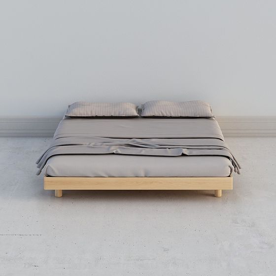 Modern light wood platform bed with grey bedding on white background