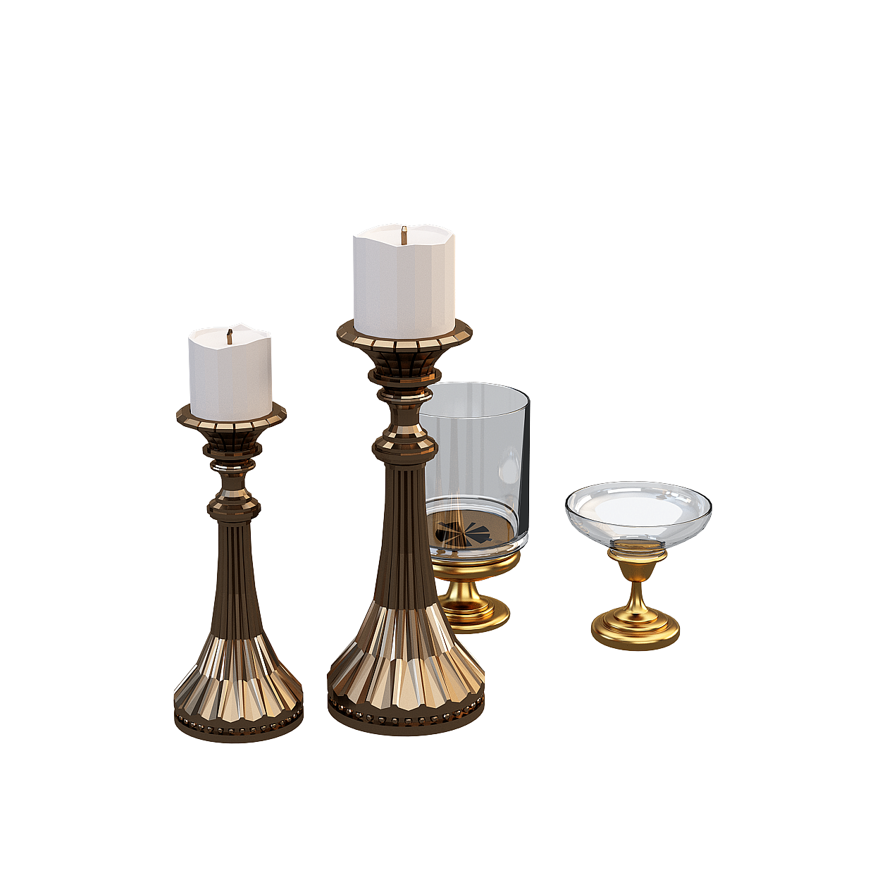 Elegant Candlestick Ensemble 3D Model – Brass & Glass