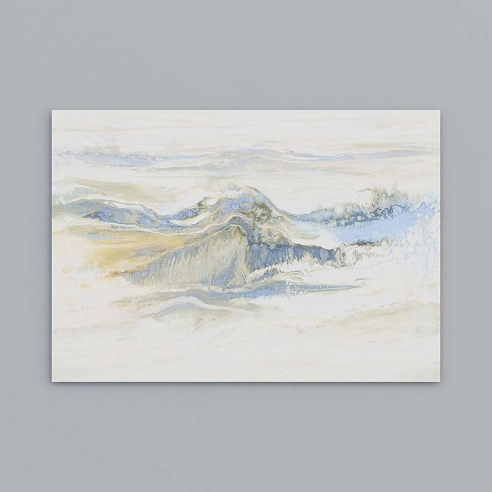 Abstract landscape painting with blue and beige waves on grey background