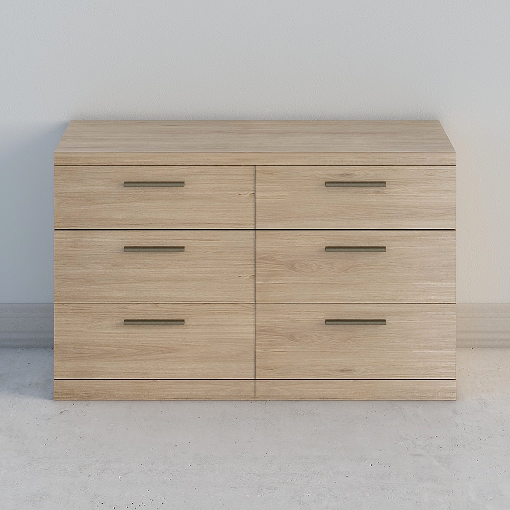 Modern light oak wood cabinet with six drawers and matte silver handles on white background