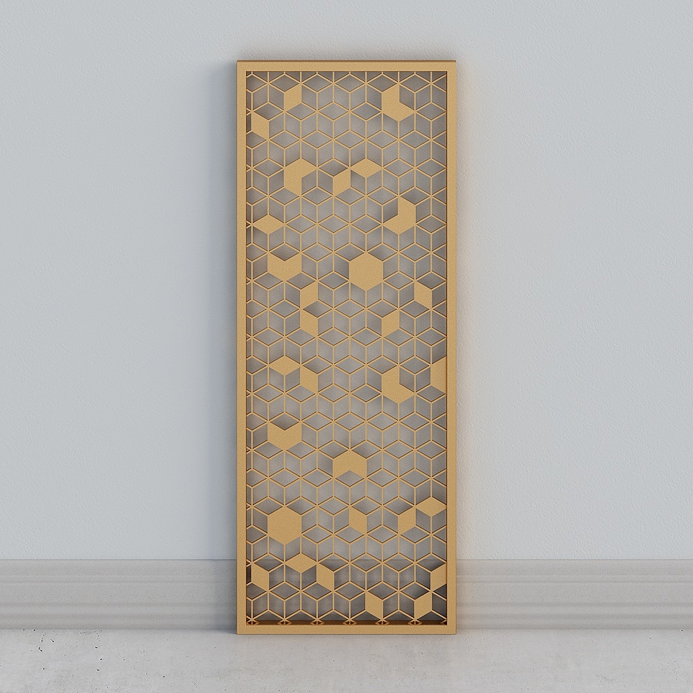 Tall gold metal decorative wall panel with geometric hexagon pattern on grey background