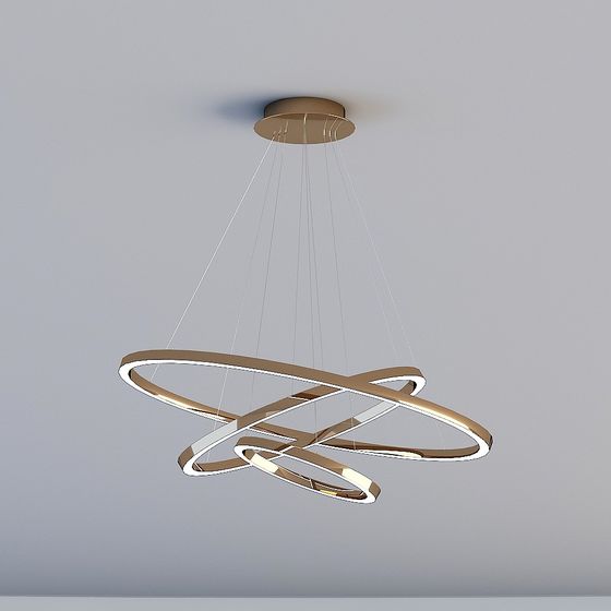 Modern gold ceiling light with three interlocking rings and white glow on grey background