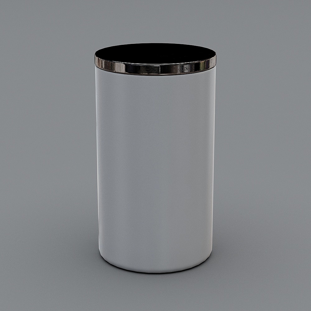 Modern white round trash bin with silver metal rim and black interior on grey background