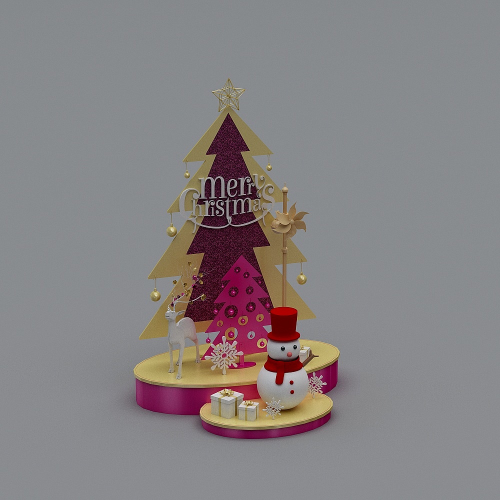 Festive gold and pink Christmas tree display with snowman reindeer and gifts on grey background