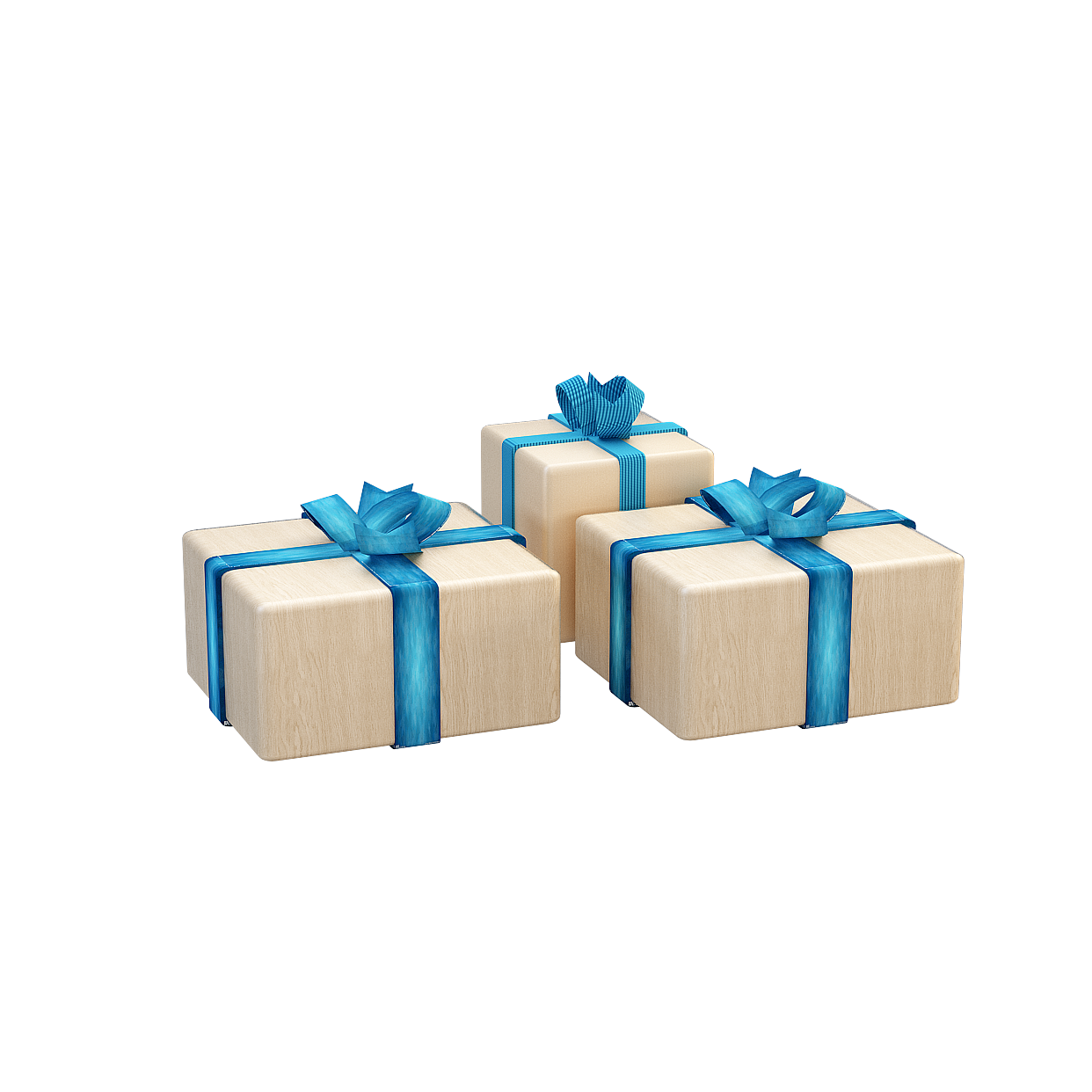 Charming Gift Boxes 3D Model – Wood Texture & Blue Ribbons