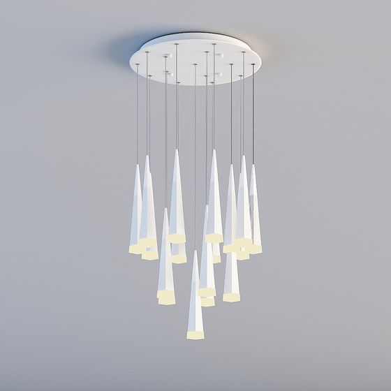 Modern white ceiling light with hanging glass rods on grey background
