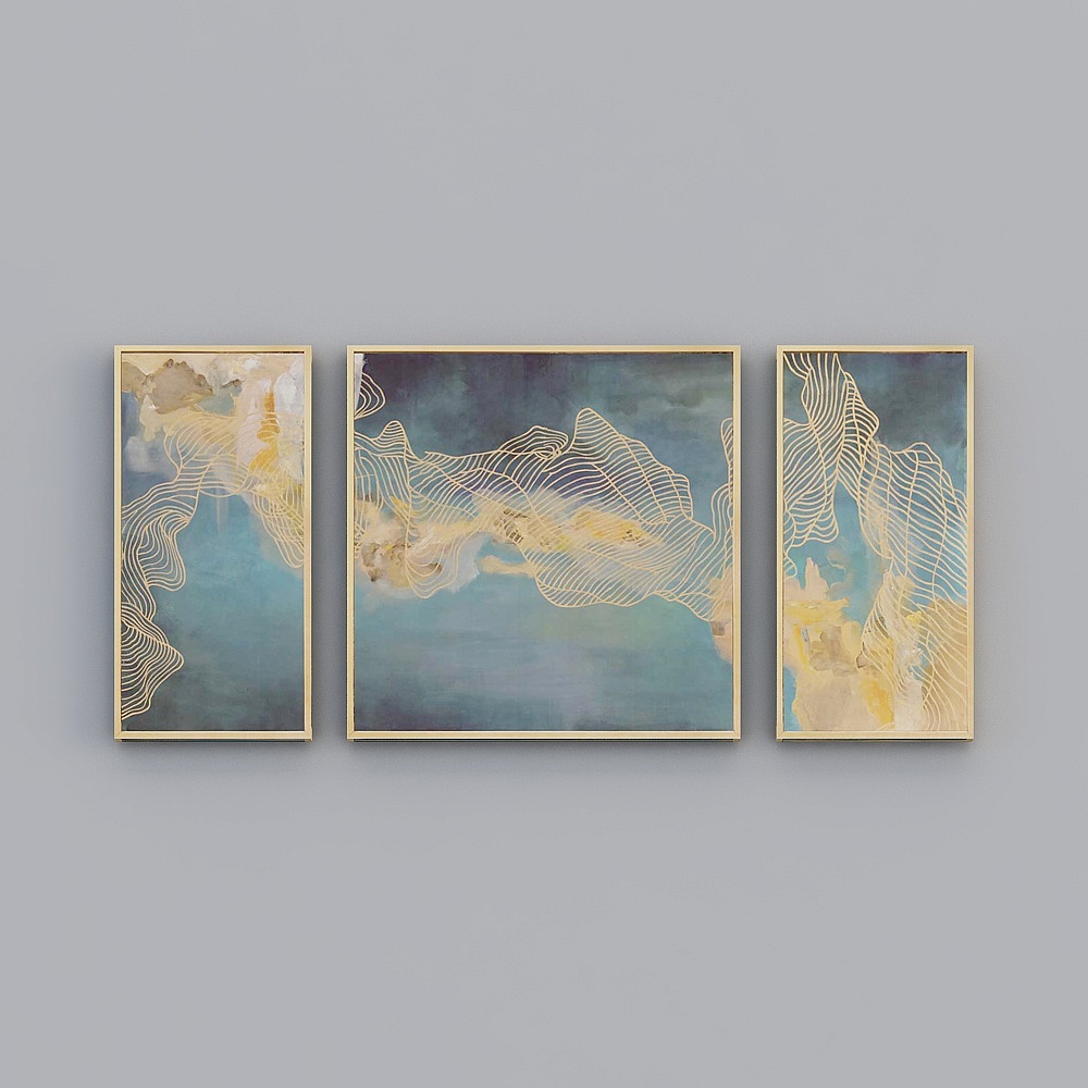 Elland decorative painting high-end boutique embroidery new Nordic abstract ink painting landscape line personality art living room bedroom sofa bed head three picture frame modern light luxury hanging painting