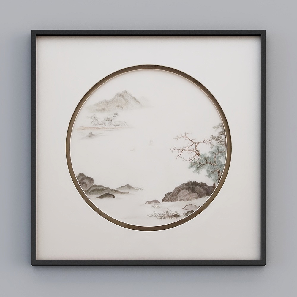 Ireland Embroidered Modern Ink Wash Painting Round Mountain Water Square Luxury Art for Living/Dining Room/Bedroom/Sofa/Bedside