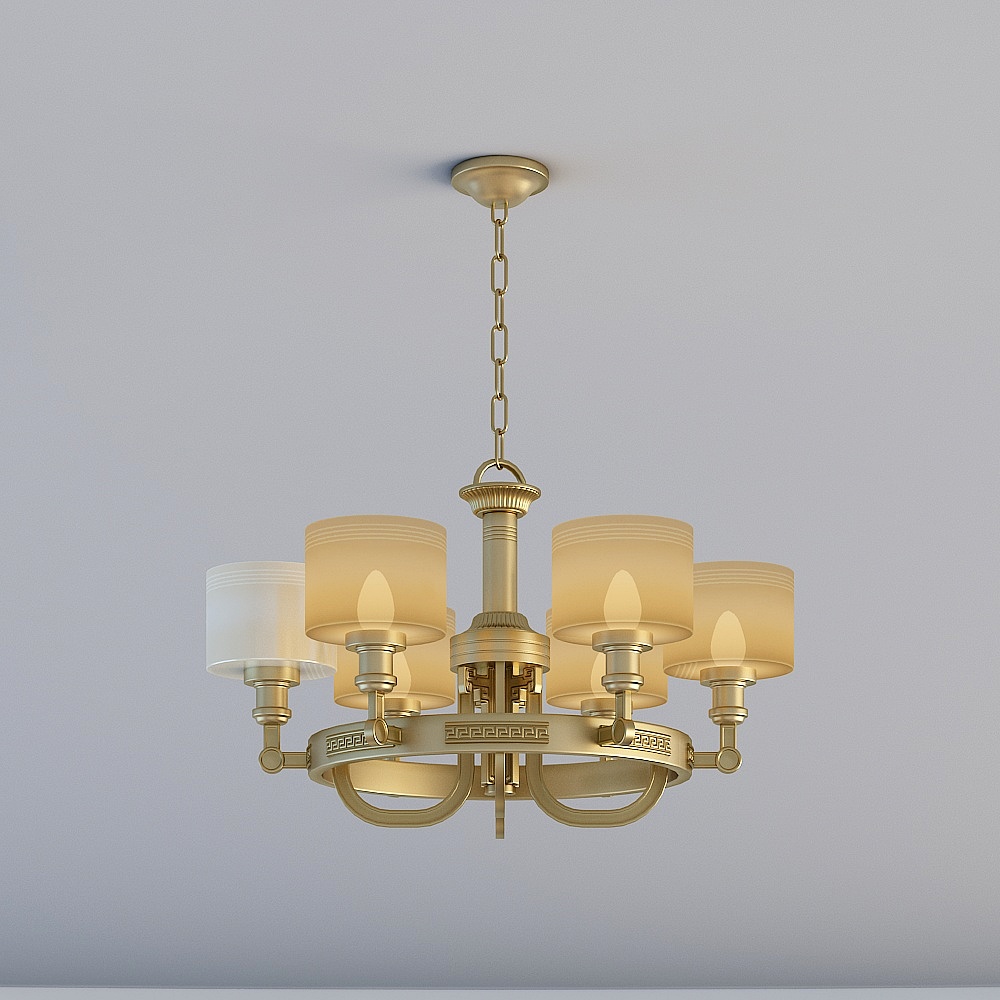 Classic gold ceiling light with six cream shades on grey background