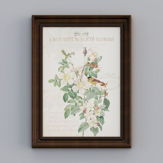 Framed vintage wall art with white flowers and a bird on grey background