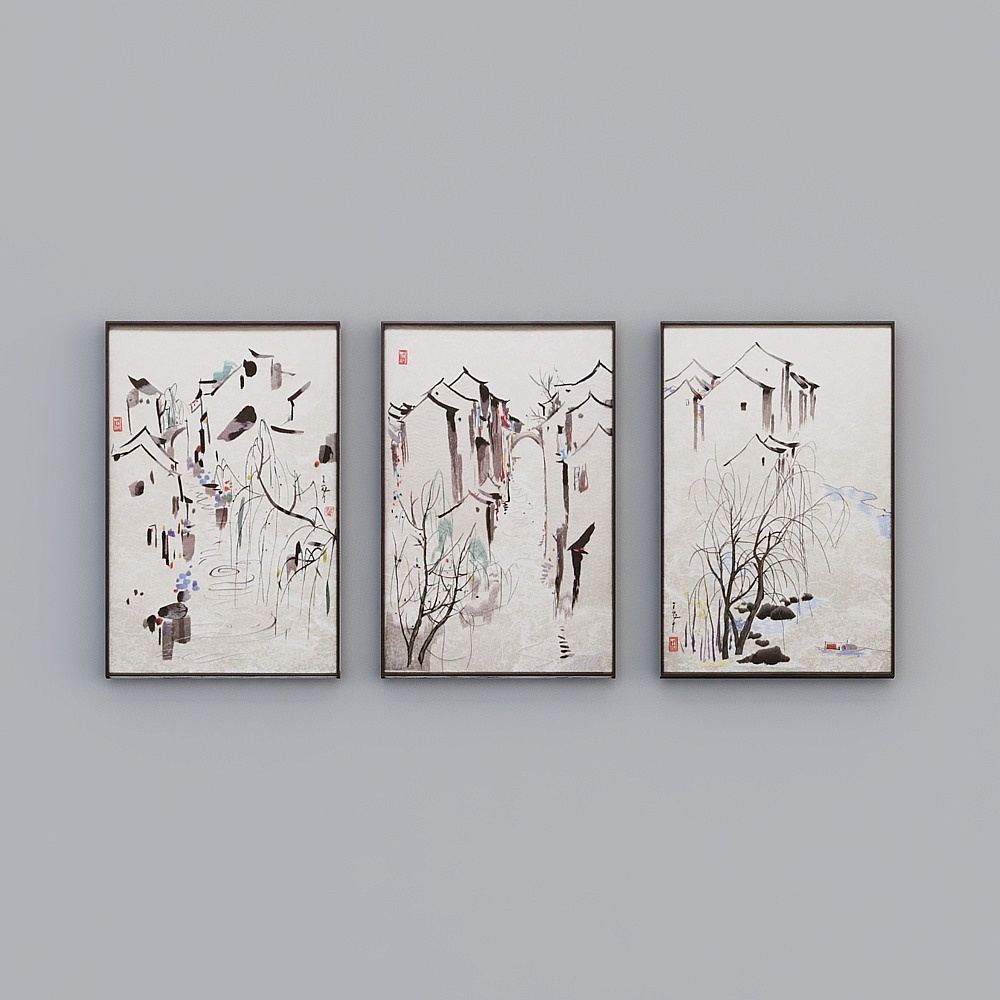 Elland Decorative Paintings High-End Boutique Embroidery New Nordic Landscape Village Abstract House Ink Personality Living Room Bedroom Sofa Bed Head Three Consecutive Picture Frame Modern Light Luxury Hanging Painting