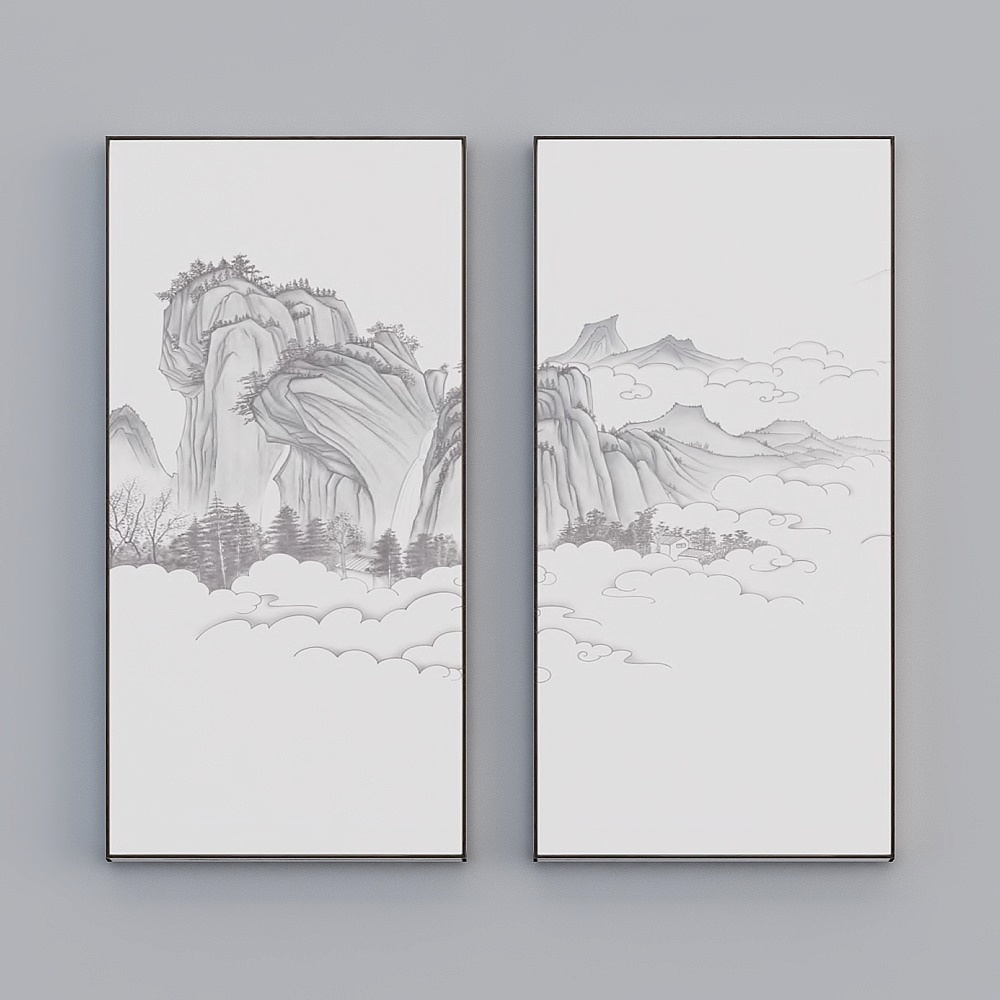 Elland high-end decorative painting boutique embroidery new Chinese three-dimensional embroidery mountain peak gray atmosphere Nordic living room dining room bedroom sofa bed head two consecutive picture frame modern light luxury hanging painting