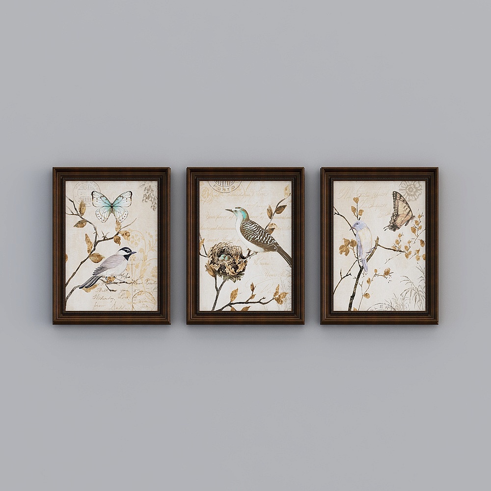 American idyllic style decorative painting retro country flowers and birds hanging painting European-style living room triple mural bedroom