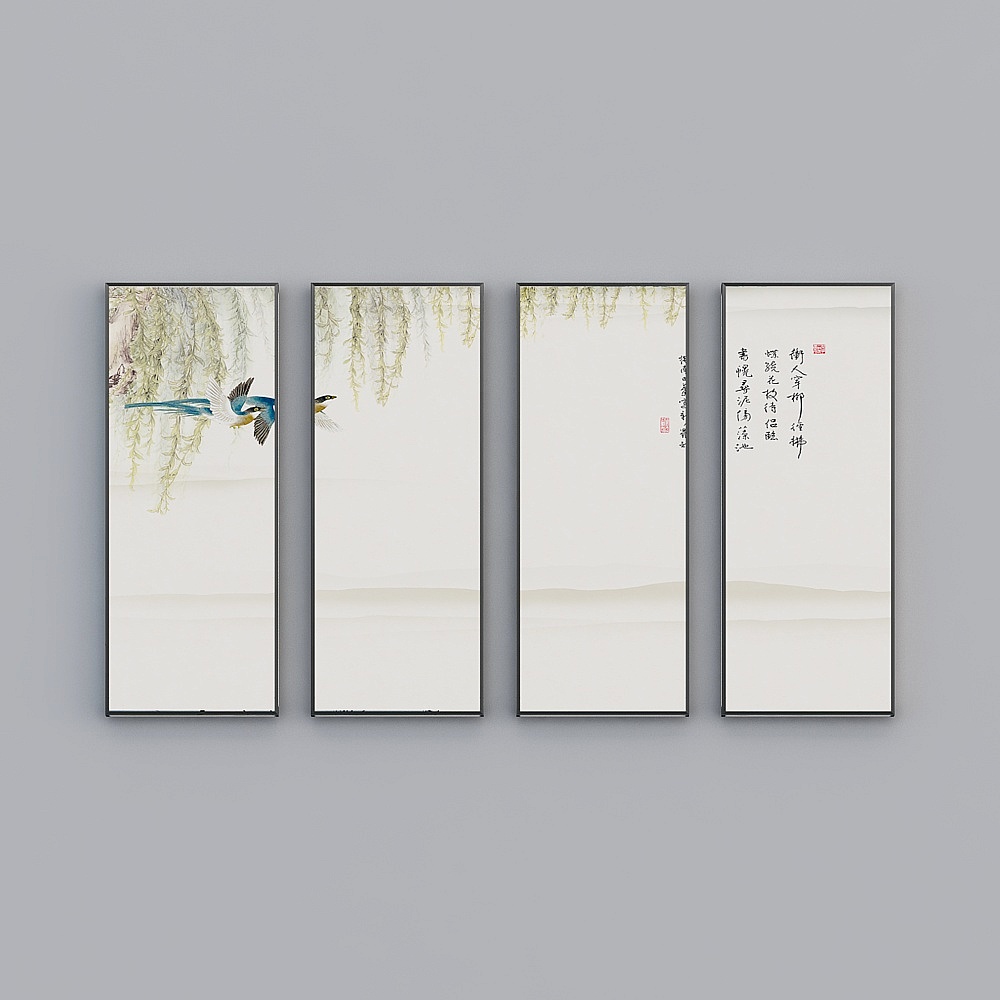 Elland decorates the painting of the new Chinese bird simple fresh and fresh romantic willow leaf green room living room bedroom sofa bed head oil painting frame modern light luxury four paintings K551