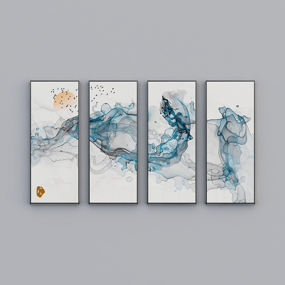 Elland dekoriert das Gemälde der Tintenlandschaft einfache Stimmung abstrakt Wohnzimmer Schlafzimmer Sofa Bett Kopf Ölbild Rahmen vier aufeinanderfolgende Zeichnungen zusammengenäht vier Paare nordisches modernes Licht Luxus Wandgemälde E002