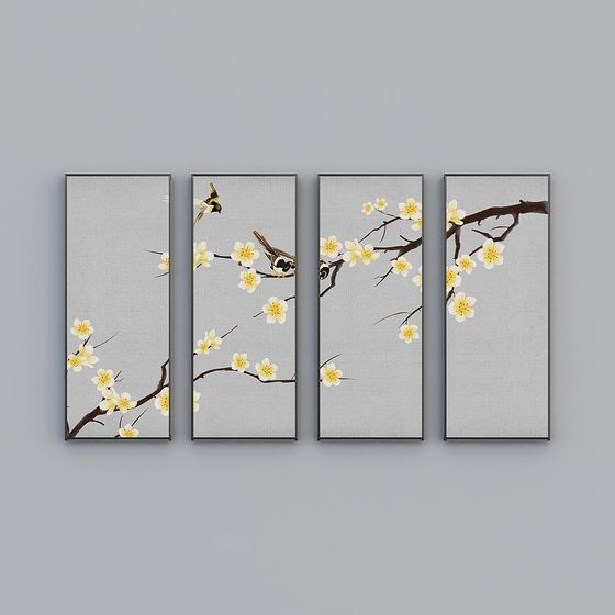 Spring Blossoms 3D Model - Flower and Bird Quadruple Painting