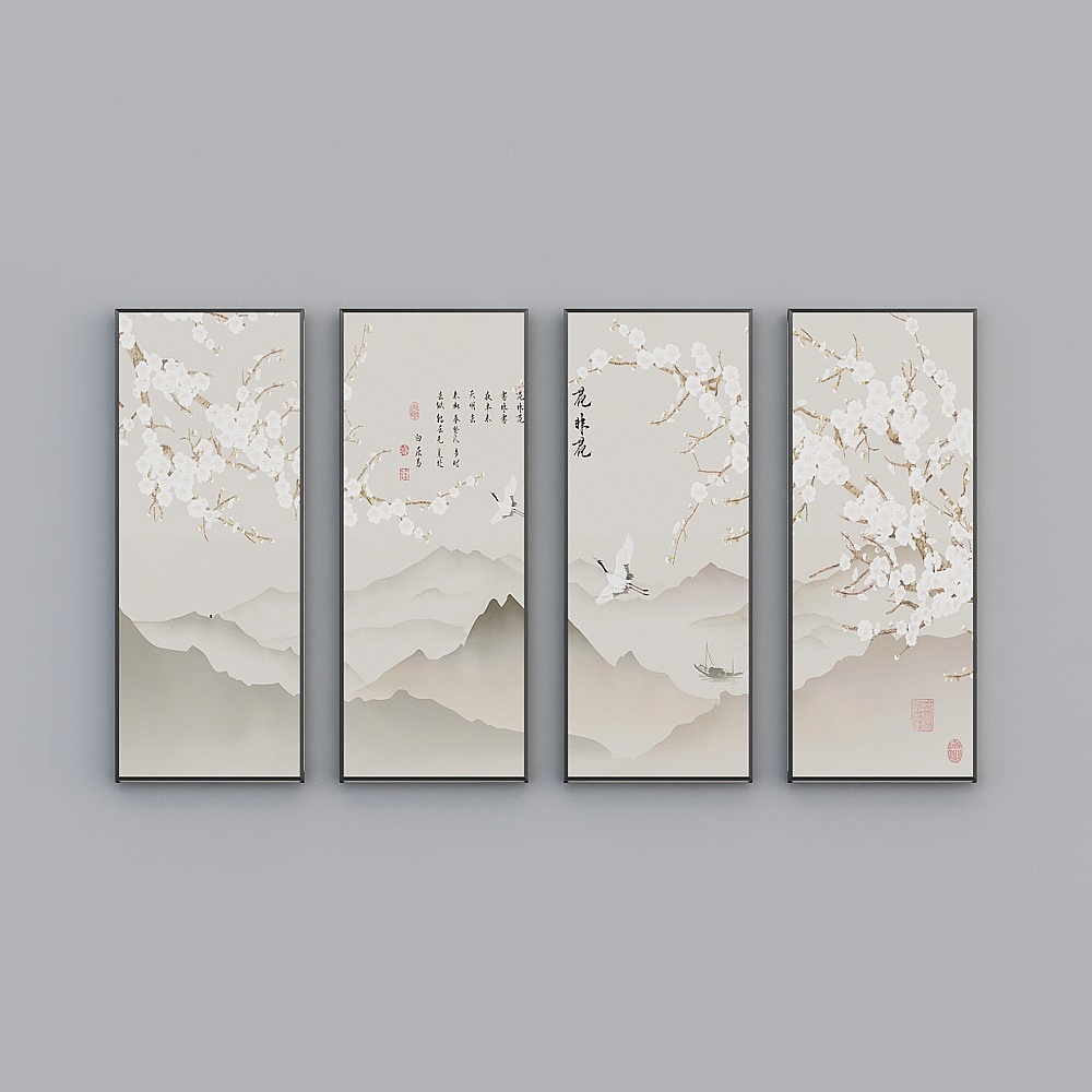 Elland decorated painting new Chinese flower bird fresh landscape flower leaf living room bedroom sofa bed head frame four consecutive drawings stitched together four pairs of modern modern light luxury hanging painting E048