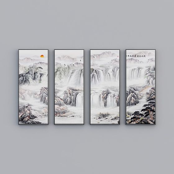 4-Piece Ink Wash Landscape 3D Model Set