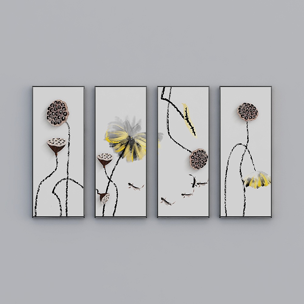 Elland decorated painting new Chinese ink lotus leaf Zen mood living room bedroom sofa bed head oil painting frame four consecutive painting four pairs of picture frame modern light luxury hanging painting N067