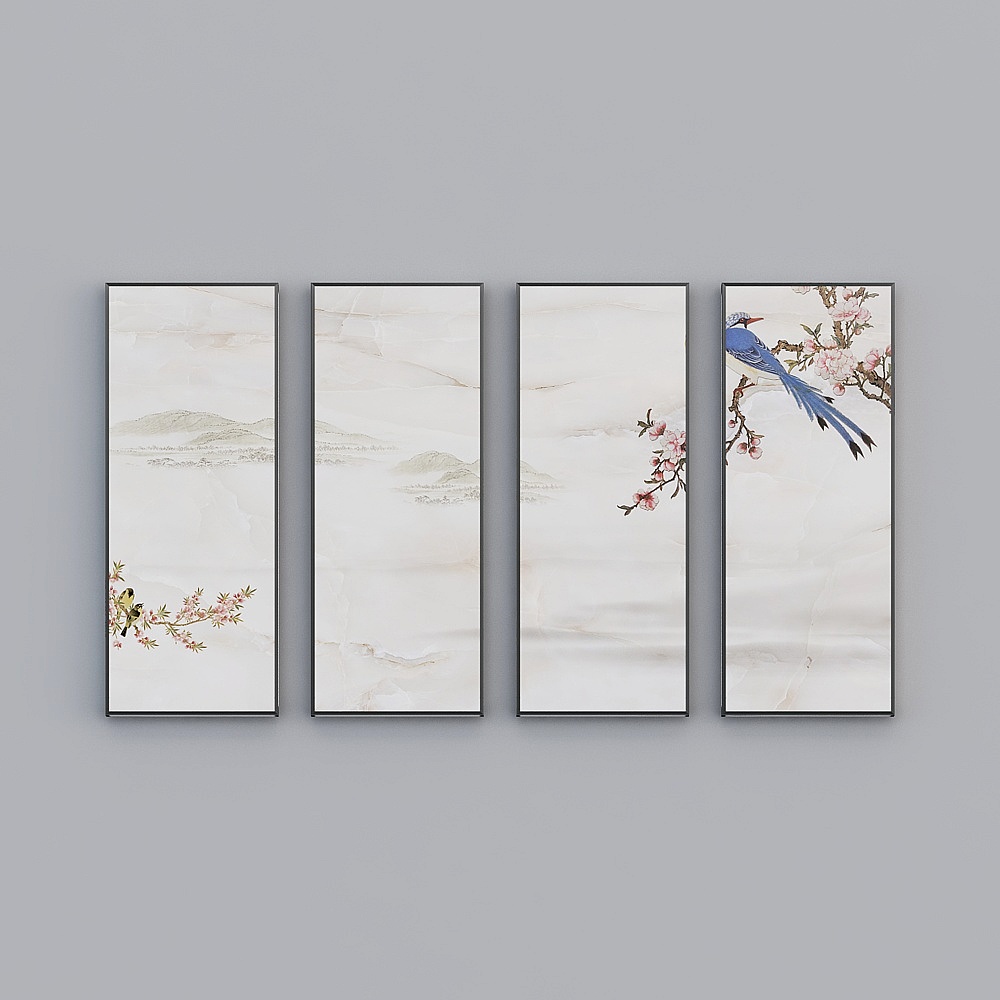 Elland decorated painting new Chinese landscape branch flower bird magpies flower leaf living room bedroom sofa bed head frame four consecutive drawings stitched together four pairs of simple modern light luxury hanging painting N344