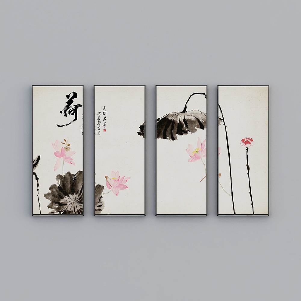 Elland decorated painting  ink lotus leaf Zen mood living room bedroom sofa bed head oil painting frame four consecutive painting four pairs of stitched photo frame modern light luxury hanging painting N066