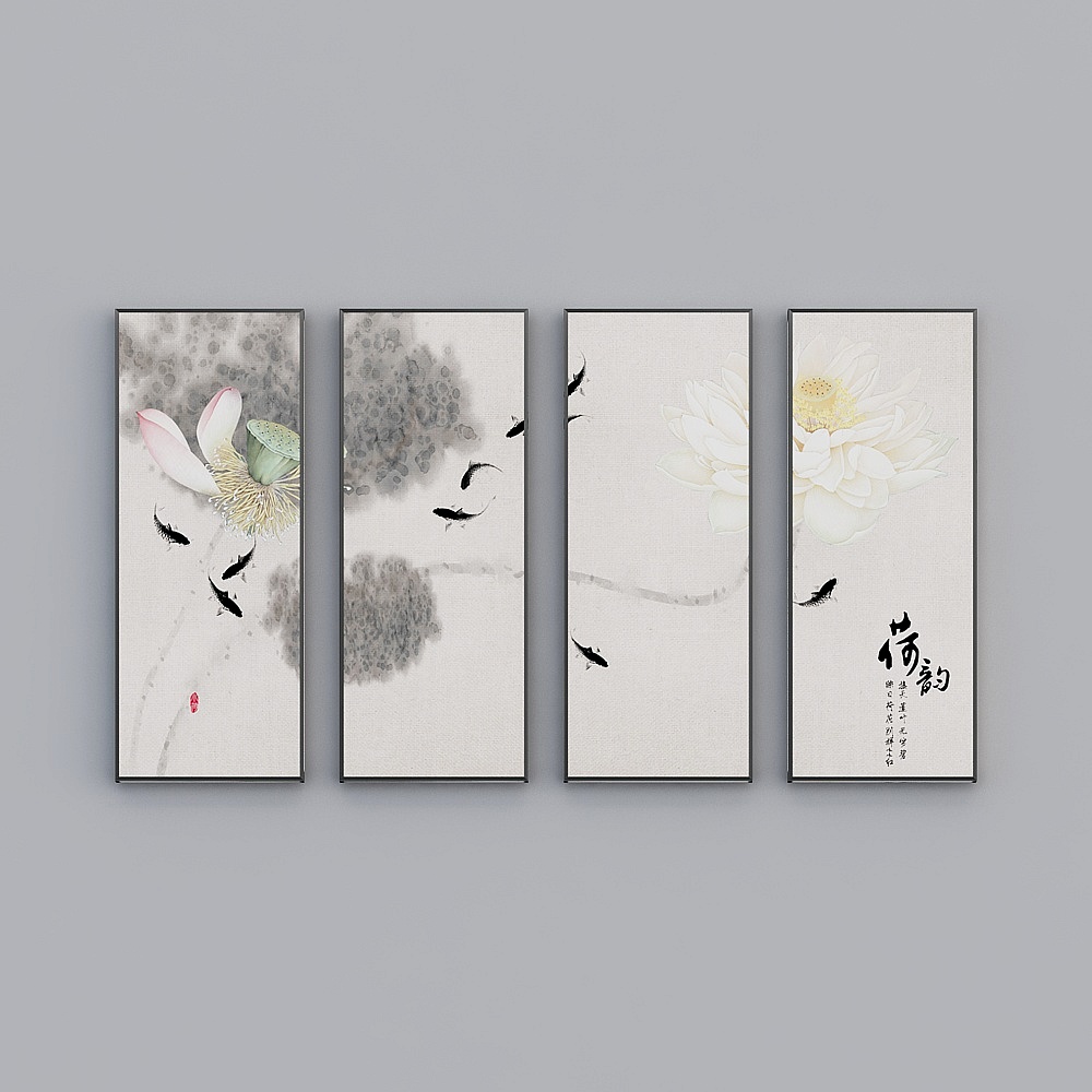 Elland decorated painting  ink lotus lotus leaf Zen mood living room bedroom sofa bed head oil painting frame four consecutive drawings four-piece photo frame modern light luxury hanging painting N063