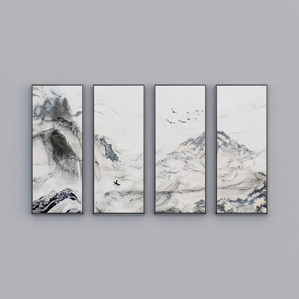 Elland decorated paintings new Chinese-style European imitation marble patterned landscape ink living room bedroom sofa bed head frame four consecutive drawings stitched together four pairs of Nordic modern light luxury hanging painting K056