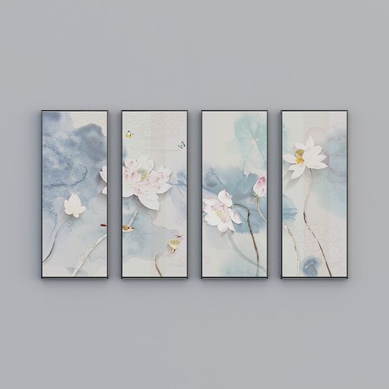Lotus Harmony Four-Panel Screen 3D model