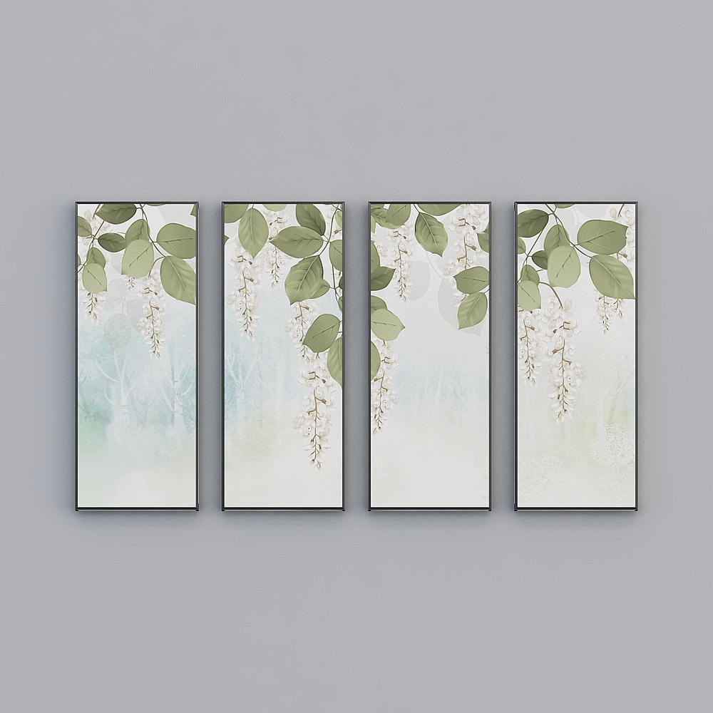 Elland decorates the painting of the  flower green leaves beautiful fresh flower leaf living room bedroom sofa bed head frame four consecutive drawings stitched together four pairs of romantic modern light luxury hanging painting K186