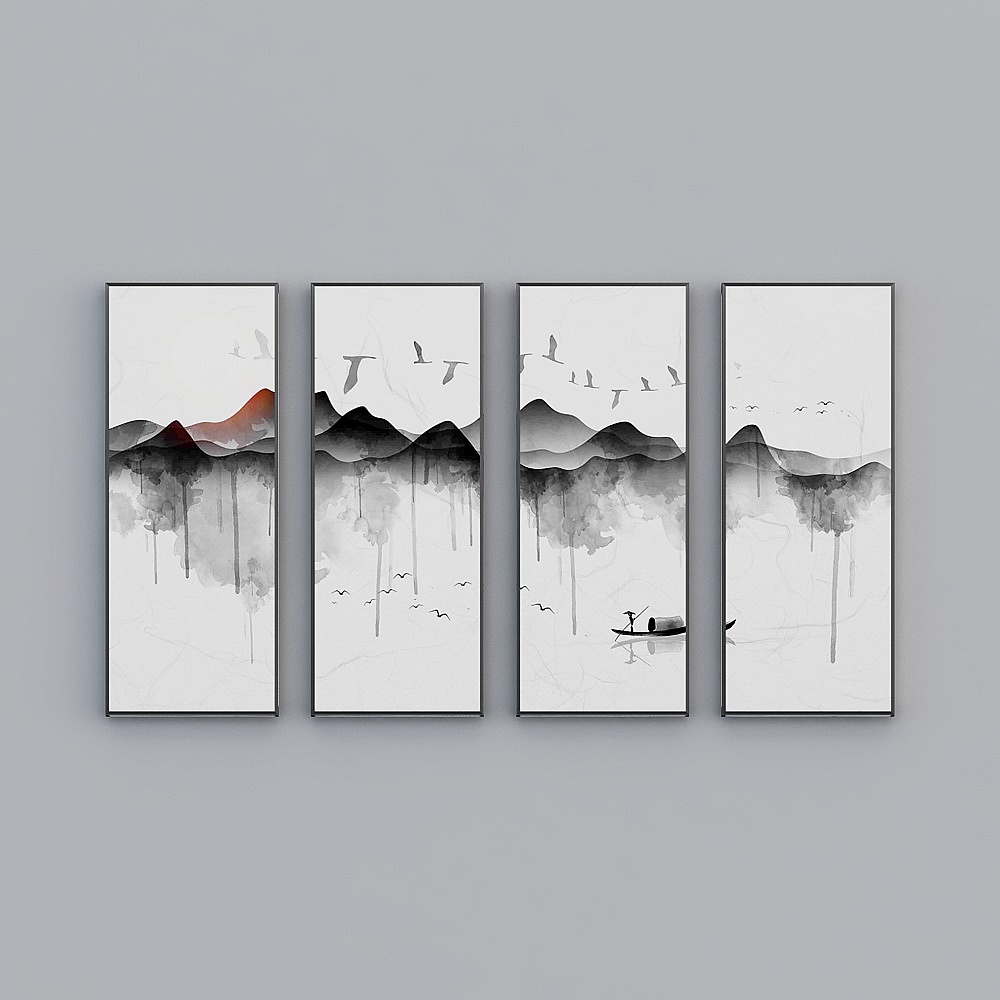 Elland decorative painting new Chinese-style Otsuka landscape simple black and white Nordic living room bedroom sofa bed head oil painting frame four consecutive drawings stitched together four sets of ink modern light luxury hanging painting K195