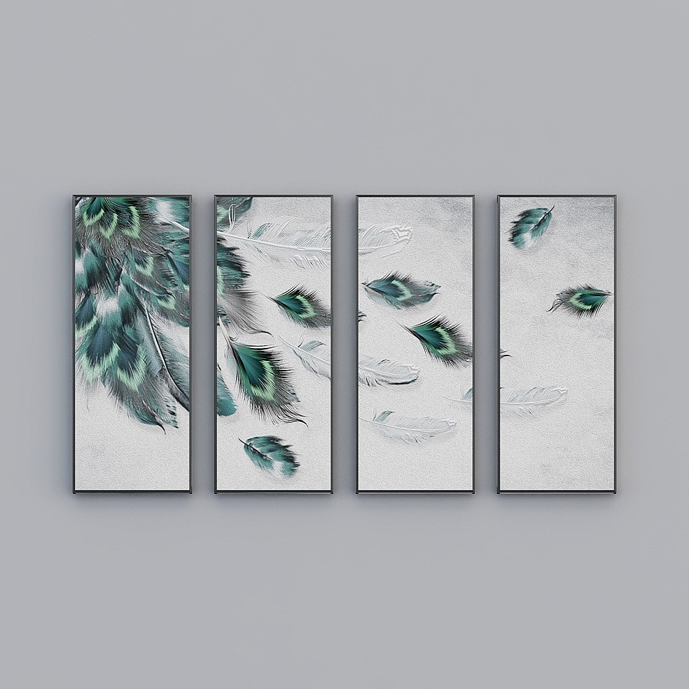 Elland decorated painting Nordic wind beautiful green peacock feather flying  living room bedroom sofa bed frame four consecutive drawings stitched together four pairs of modern light luxury hanging painting J183