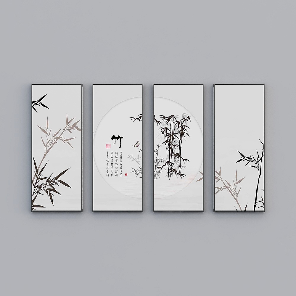 Elland decorated painting new Chinese bamboo leaf bamboo branch ink fresh poetic leaf living room bedroom sofa bed head frame four consecutive drawings stitched together four pairs of Nordic modern light luxury hanging painting J077