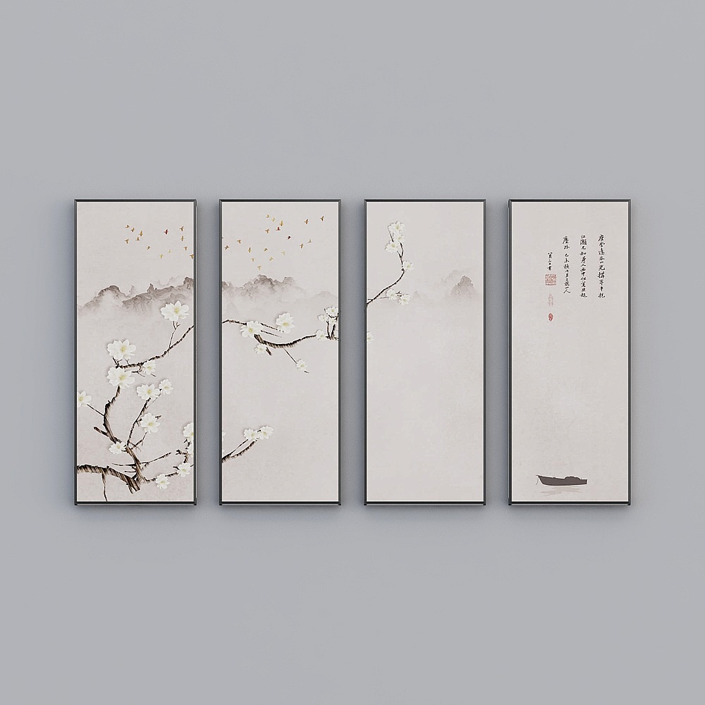 Elland decorated painting  peach flower bird classical mood flower leaf living room bedroom sofa bed head frame four consecutive drawings stitched together four pairs of Nordic modern light luxury hanging painting J061