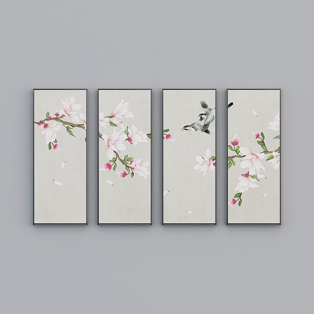 Elland Decorated Painting - Floral Bird Mood Fresh Leaf Flower, Living Room Bedroom Sofa, Bed Head Frame, Four Consecutive Drawings Stitched Together in Four Pairs of Luxurious Light Nordic Paintings J062