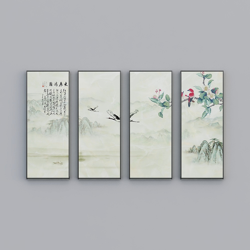 Elland decorated painting new Chinese flower bird fresh mood flower leaf living room bedroom sofa bed head frame four consecutive drawings stitched together four pairs of Nordic modern light luxury hanging painting J031