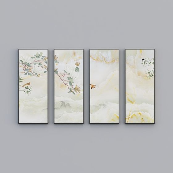 Floral and Bird Four-Panel Art 3D model for Modern Spaces
