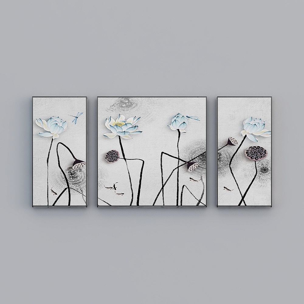 Elland trang trí bức tranh mực Trung Quốc mới hoa sen lá sen Zen tâm trạng phòng khách phòng ngủ sofa đầu giường khung tranh sơn dầu ba bức tranh liên tiếp ba cặp khung tranh ánh sáng hiện đại tranh treo sang trọng FJ070