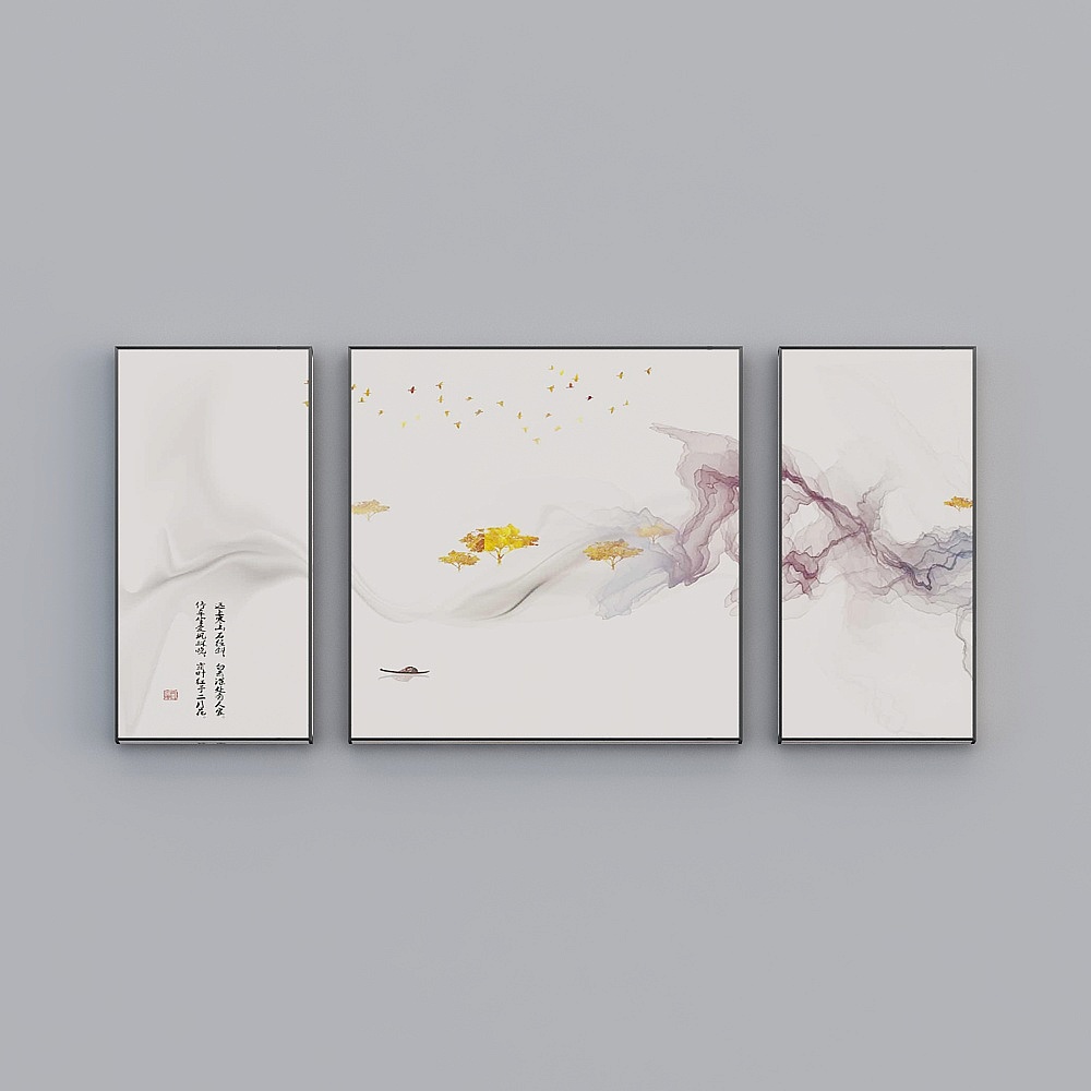 Elland decorates the new Chinese atmospheric landscape simple lines Nordic living room bedroom sofa bed head oil painting frame three consecutive drawings stitched together three pairs of mood modern light luxury hanging painting J042