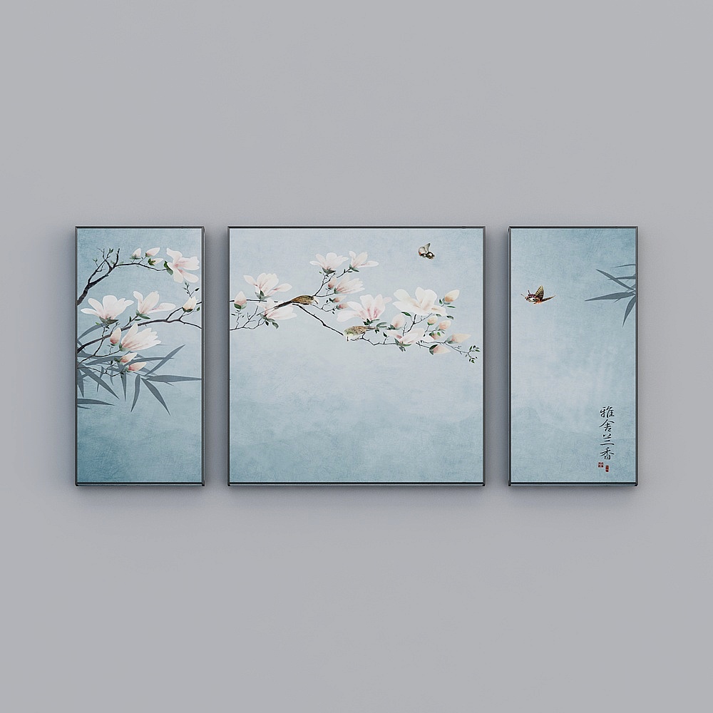 Elland decorated new Chinese flower bird painting fresh mood flower leaf living room bedroom sofa bed head frame three consecutive stitched paintings, three pairs luxury modern Nordic hanging painting J058