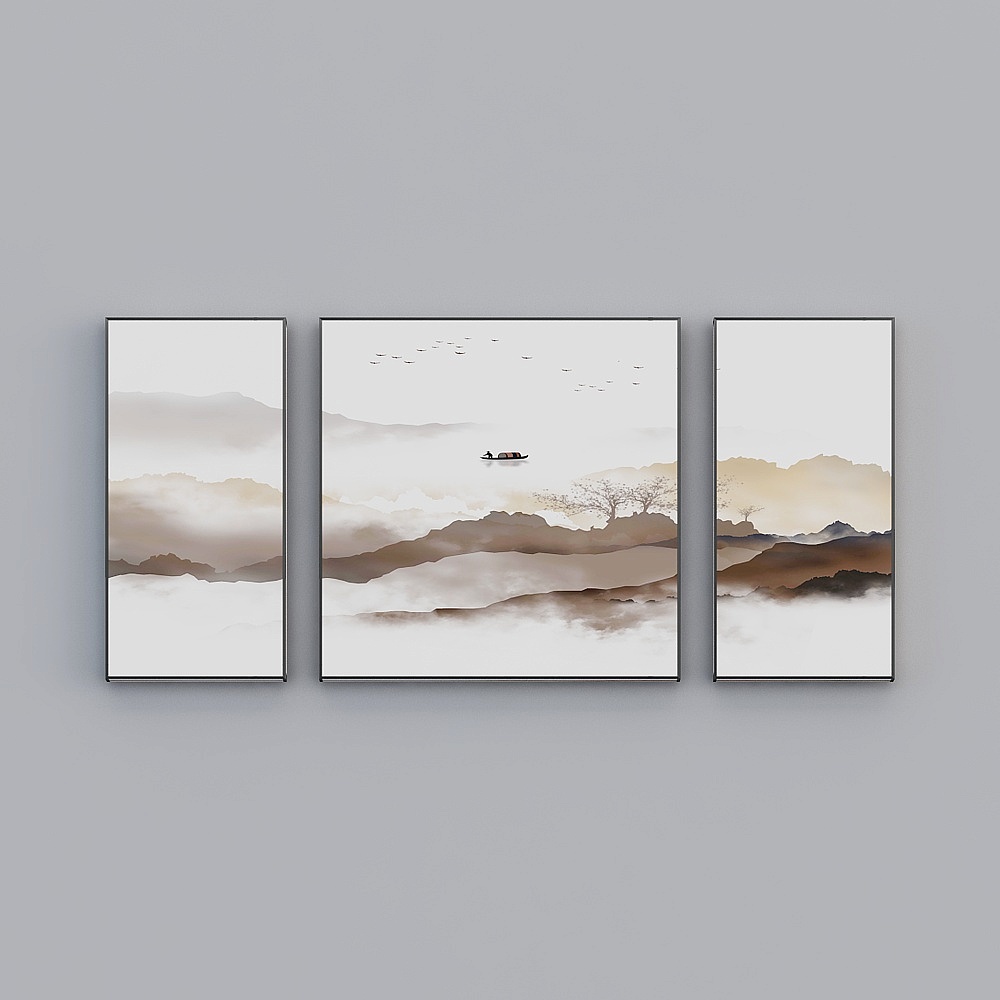 Elland decorated painting new Chinese curry landscape simple living room bedroom sofa bed head oil painting frame three consecutive drawings stitched together three pairs of simple curry light luxury hanging painting N020