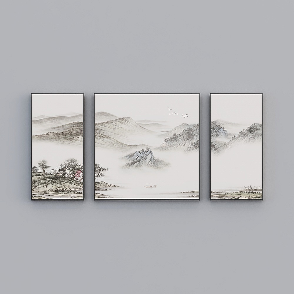 Elland decorative painting new Chinese modern landscape simple living room bedroom sofa bed head oil painting frame three consecutive drawings stitched together three pairs of simple modern light luxury hanging painting N018