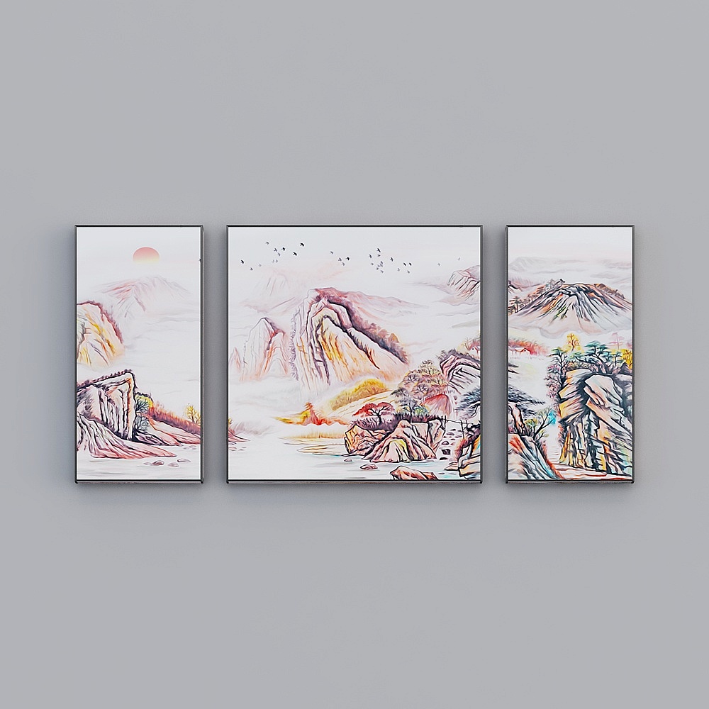 Elland decorative painting landscape painting new Chinese painting ink-and-ink landscape mural painting painting color painting frame three consecutive painting three pairs of picture frame modern light luxury hanging painting FN-288
