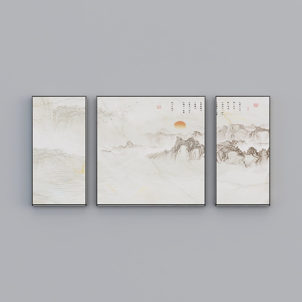 Elland decorative painting new Chinese atmospheric landscape simple ink Nordic living room bedroom sofa bed head oil painting frame three consecutive drawings stitched together three abstract modern light luxury hanging painting N350