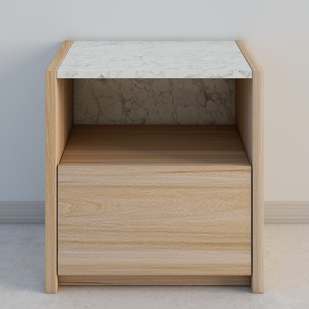 Modern light wood nightstand with white marble top and open shelf on grey background