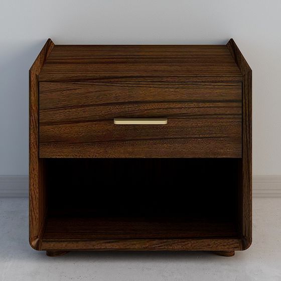 Modern dark brown wooden nightstand with one drawer and gold handle on white background