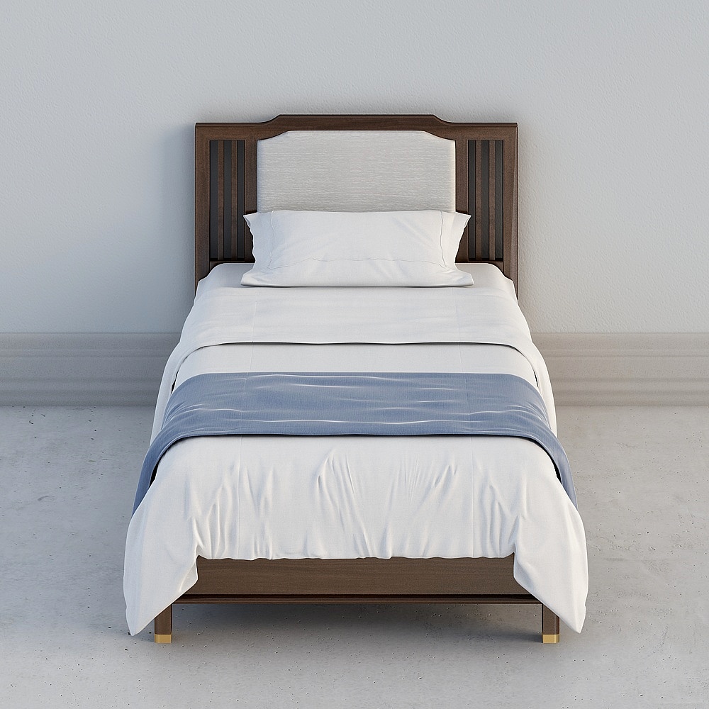 Single bed with dark wood frame white bedding and blue throw on grey background