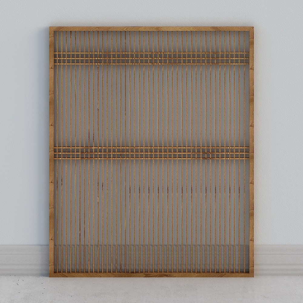 Bamboo room divider with vertical slats and horizontal bands on white background