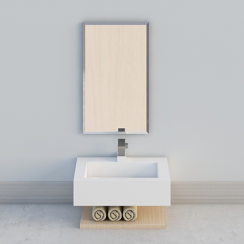 Modern white rectangular sink with silver faucet and mirror on grey background