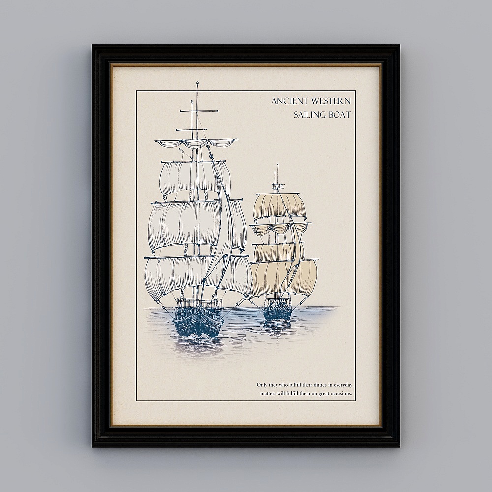 Kibaki American living room vertical black-encrusted gold 68.5x88.5cm retro sailing ship ewhxd-e-5